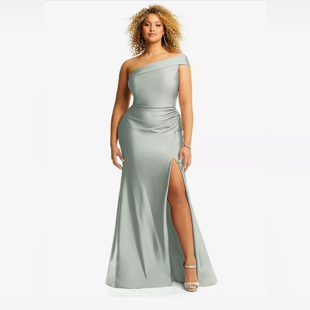 ONE-SHOULDER BIAS-CUFF STRETCH SATIN MERMAID DRESS WITH SLIGHT TRAIN IN WILLOW G